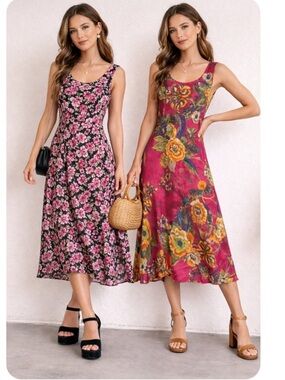 ST.HELENA floral multi color pink reversible shaffon mid dress size M y2k Fariy